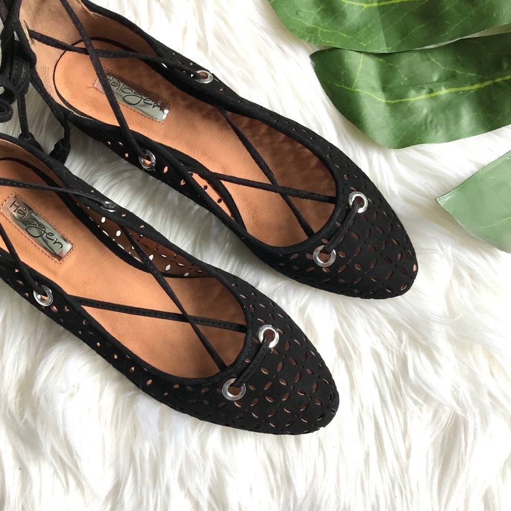 Black Suede Perforated Lace up Flats - Picture 3 of 10